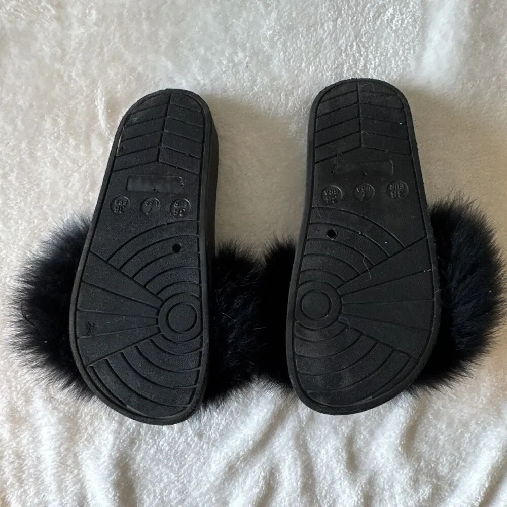 Womens Black Faux Fur Slide Sandals Slip-On Flat Rubber Outsole Casual Sz 7